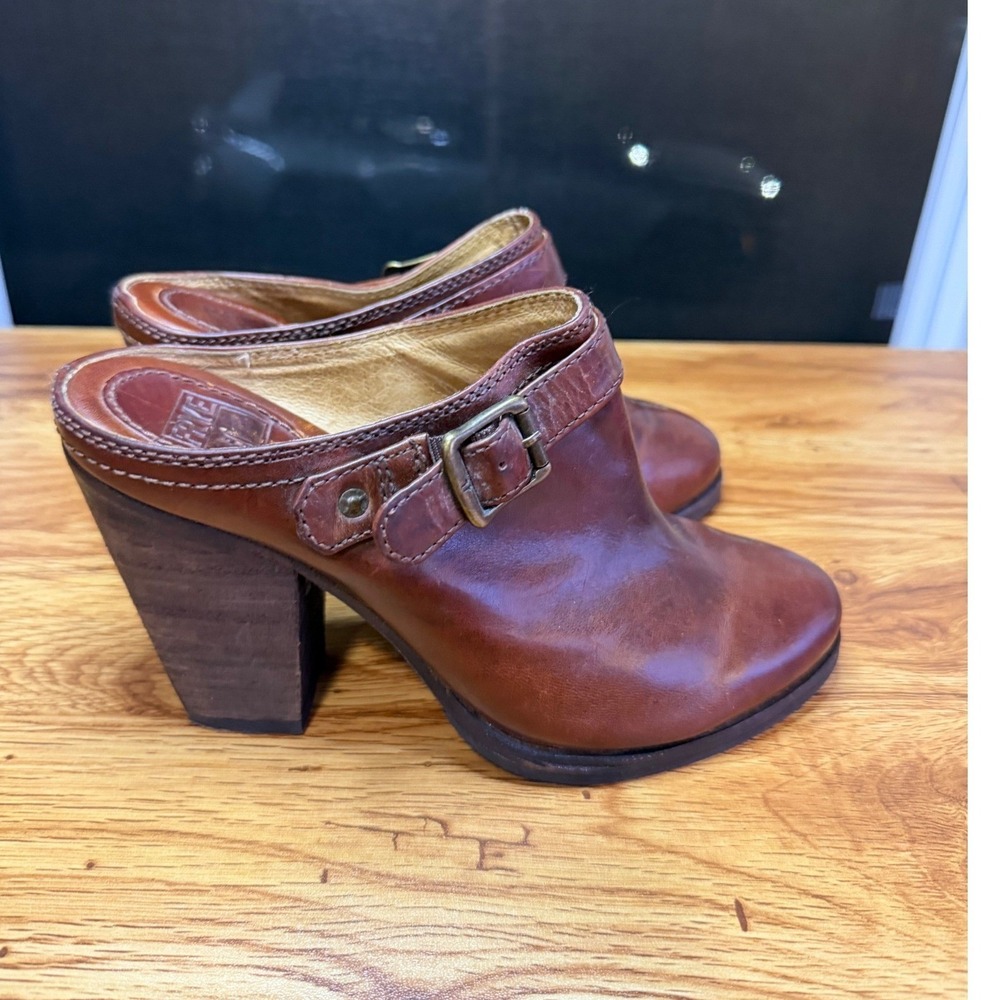 Frye Brown Patty Slingback Clog Leather Buckle Block Heel Mule Women's 6M
